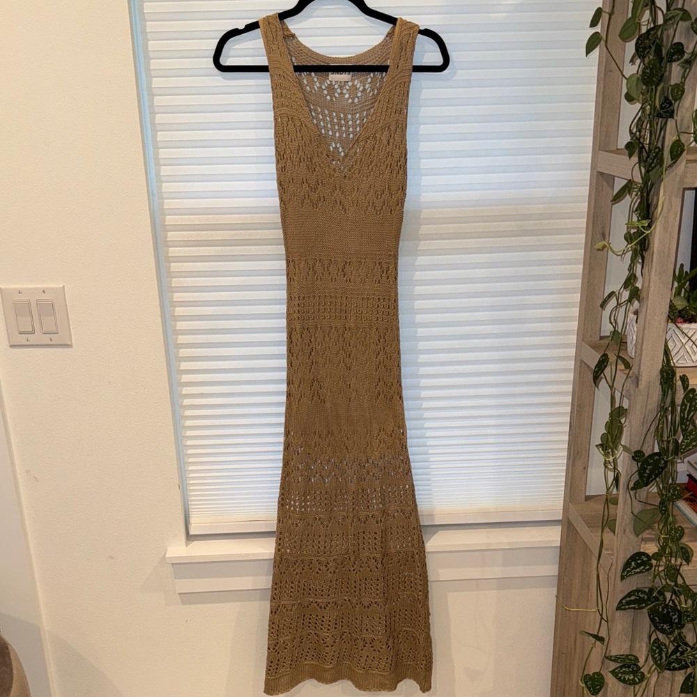 Elegant Tan Crochet Maxi Dress